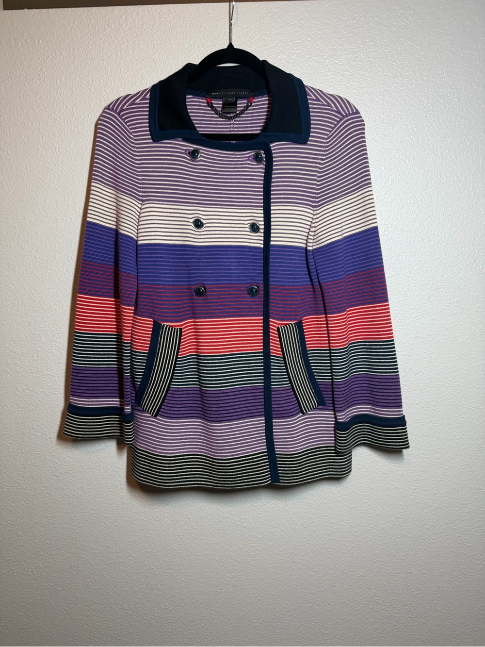 Marc by Marc Jacobs Striped Double-Breasted Peacoat sweater cardigan vintage y2k